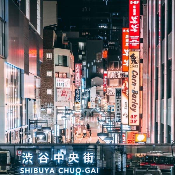 電気看板のある夜の市街地の風景写真